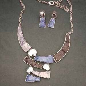 Silver, Black and Blue Abstract Statement Necklace and Earring Set, NEW